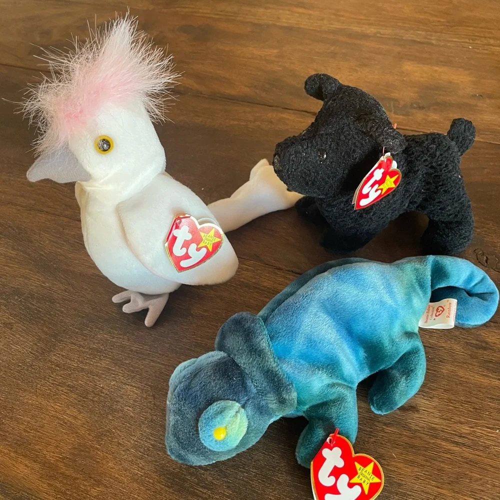 Ty Beanie Plush Trio - White & Pink Cockatoo, Blk Scottie, Blue-Green Chameleon